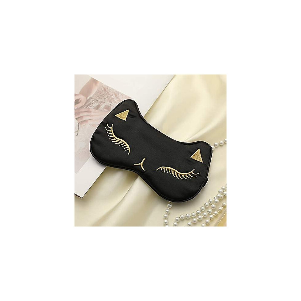 Black Sleep Eye Masks, Cute Cat Silk Sleep Eye Cover Lightweight Adjustable Eyeshade Mask Cover For Women Men Sleep Travel Nap (Black)