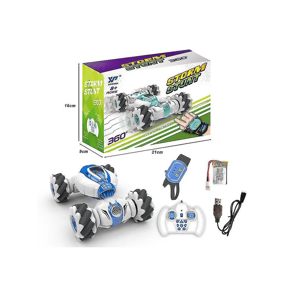 (Blue) Rc Stunt Car Remote Control Watch Gesture Sensor Deformable Electric Toy Cars Blue