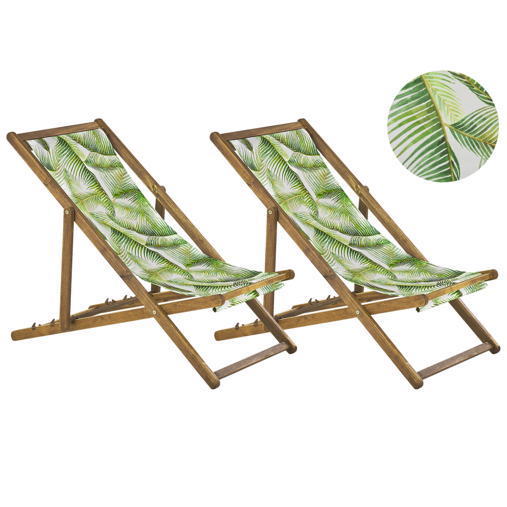 Set of 2 Folding Deck Chairs ANZIO with Replacement Fabrics Floral Motif Acacia Wood Light Brown
