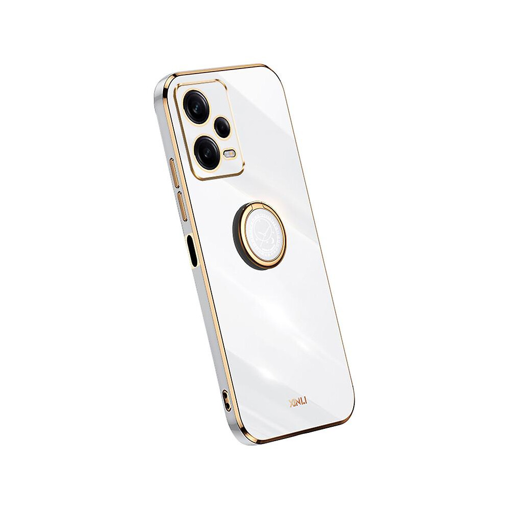 (White) Xinli Phone Case For Xiaomi Redmi Note 12 Pro 5G, Electroplating Golden Edge Ring Holder Kickstand Tpu Phone Cover White 6909589552587