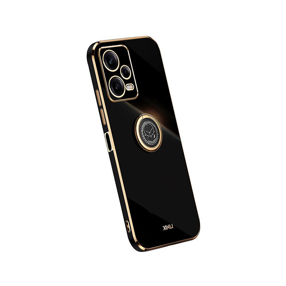 (Black) Xinli Phone Case For Xiaomi Redmi Note 12 Pro 5G, Electroplating Golden Edge Ring Holder Kickstand Tpu Phone Cover Black 6909589552594