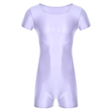 (L, Purple) Men's Bodysuits Glossy Short Sleeve Bodysuit Jumpsuit For Sport Running Yoga Gymnastics Leotard Unitard Workout Dancewear