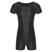 (L, Black) Men's Bodysuits Glossy Short Sleeve Bodysuit Jumpsuit For Sport Running Yoga Gymnastics Leotard Unitard Workout Dancewear