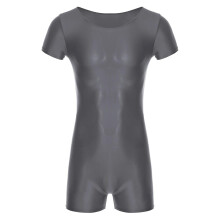 (L, Grey) Men's Bodysuits Glossy Short Sleeve Bodysuit Jumpsuit For Sport Running Yoga Gymnastics Leotard Unitard Workout Dancewear