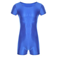 (L, Blue) Men's Bodysuits Glossy Short Sleeve Bodysuit Jumpsuit For Sport Running Yoga Gymnastics Leotard Unitard Workout Dancewear