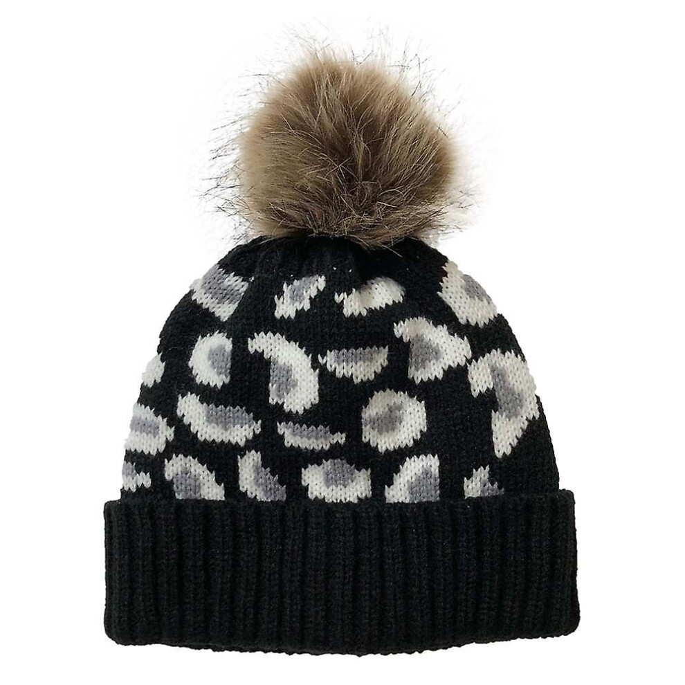 (Black) Womens Leopard Knit Beanie Hat Detachable Faux Fur Bobble Pom Black