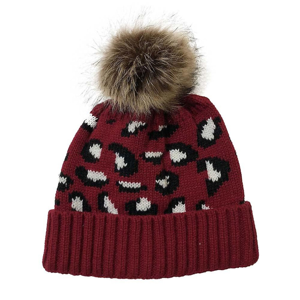 (Claret) Womens Leopard Knit Beanie Hat Detachable Faux Fur Bobble Pom Not,Specified