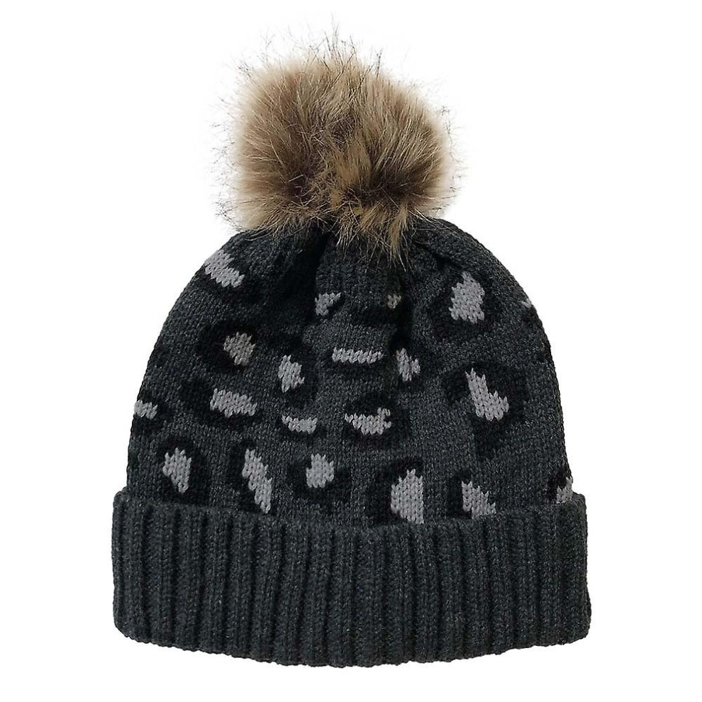 (Dark ) Womens Leopard Knit Beanie Hat Detachable Faux Fur Bobble Pom Grey