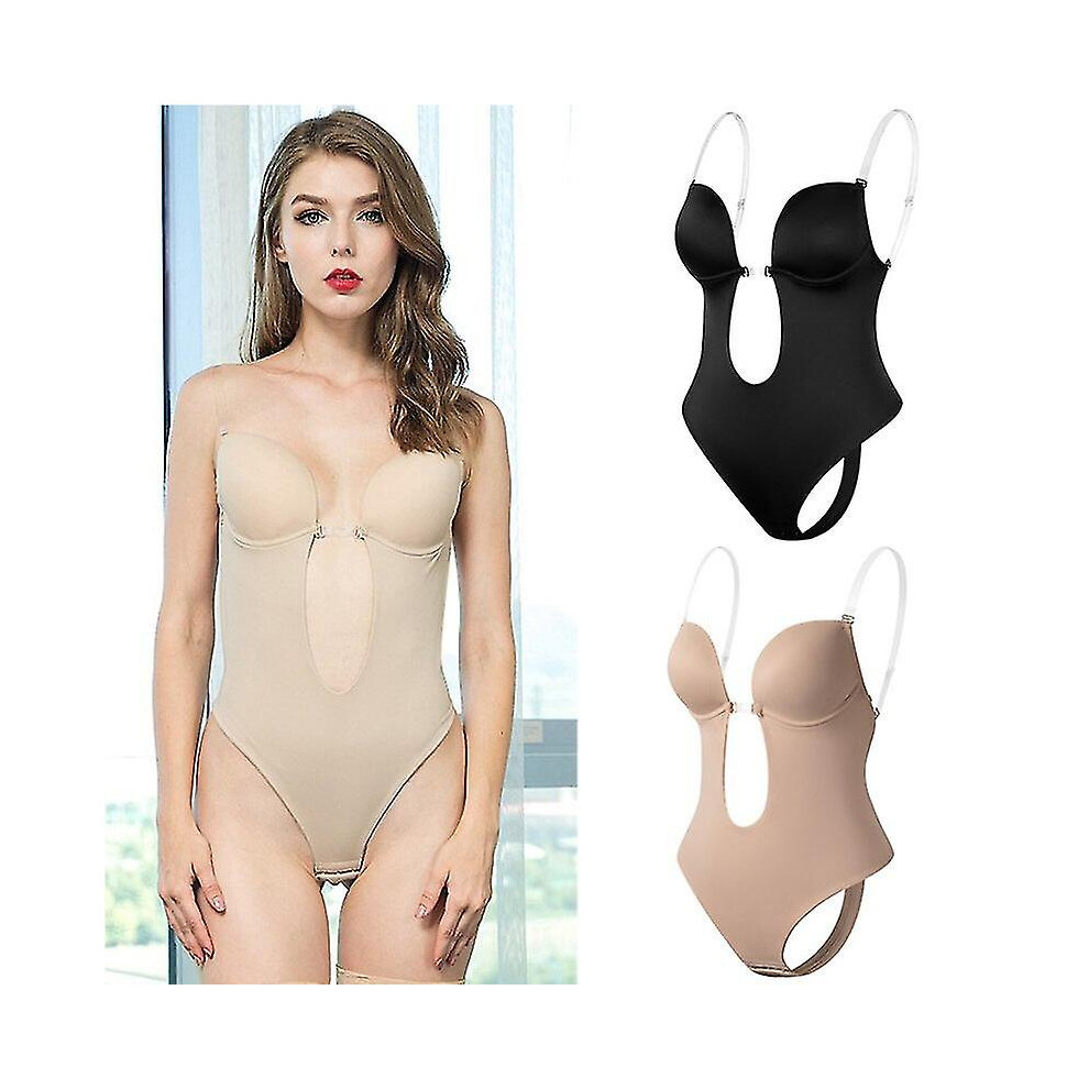 (Beige, S(32)) Women Plunging Deep V-neck Body Shaper Strapless Backless Bodysuit Shapewear U Plunge Seamless Thong Full Bodysuits