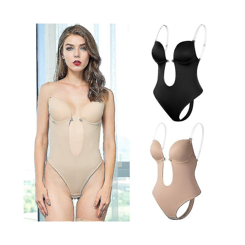 (Beige, L(36)) Women Plunging Deep V-neck Body Shaper Strapless Backless Bodysuit Shapewear U Plunge Seamless Thong Full Bodysuits