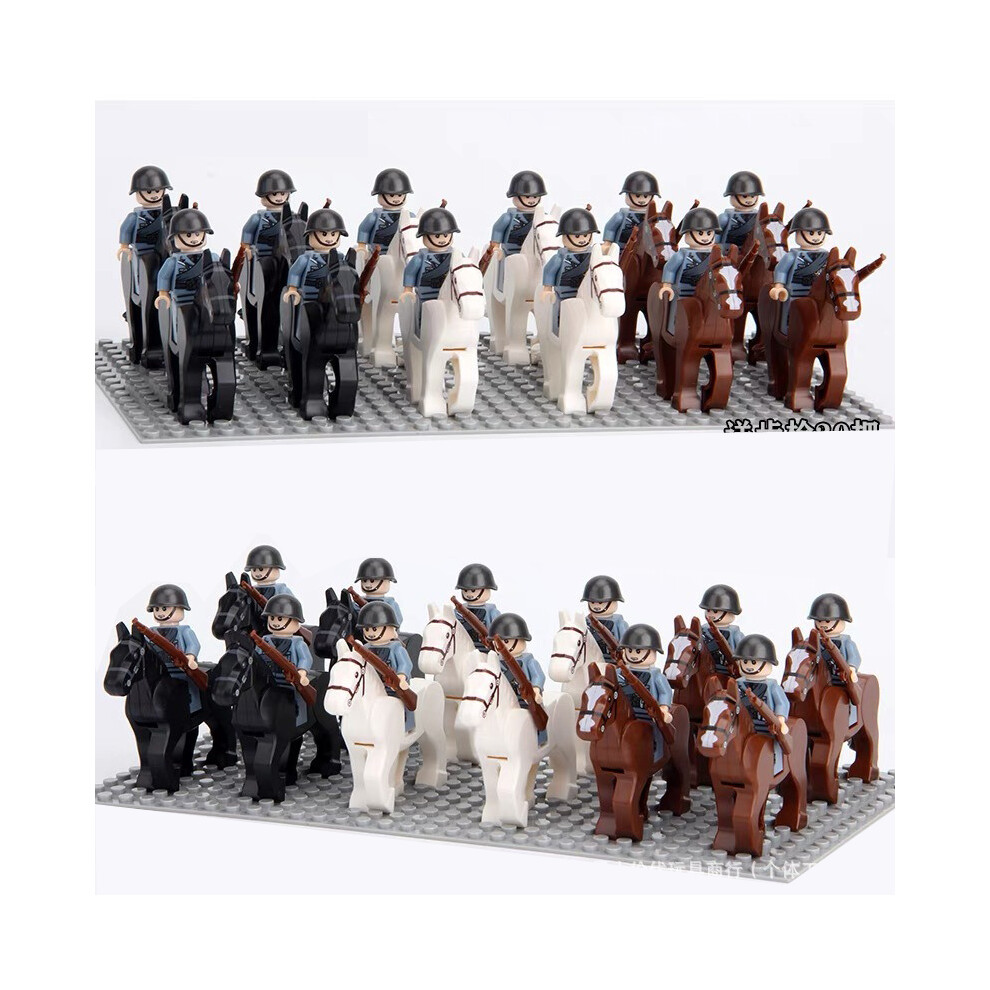 (Italian army of 12 men + 12 horses) Cavalry Horse Phalanx with Weapons Rifle Building Block Base Plate World War II Minifigures Multinational Army