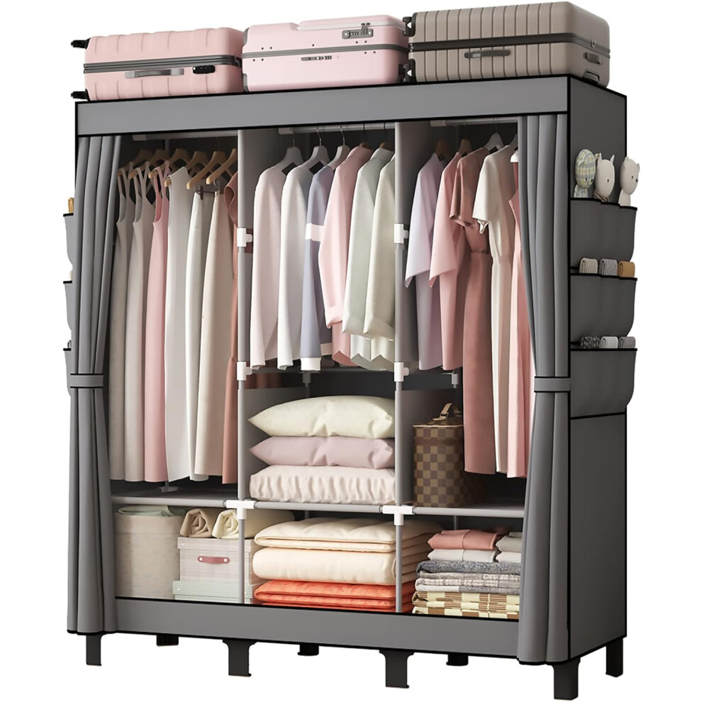 (Grey) Canvas Wardrobe 172 130 45 cm, Bedroom Wardrobe, Fabric Bedroom Wardrobe with 2 Hanging Rails and 18 Side Bags, Folding Wardrobe,...