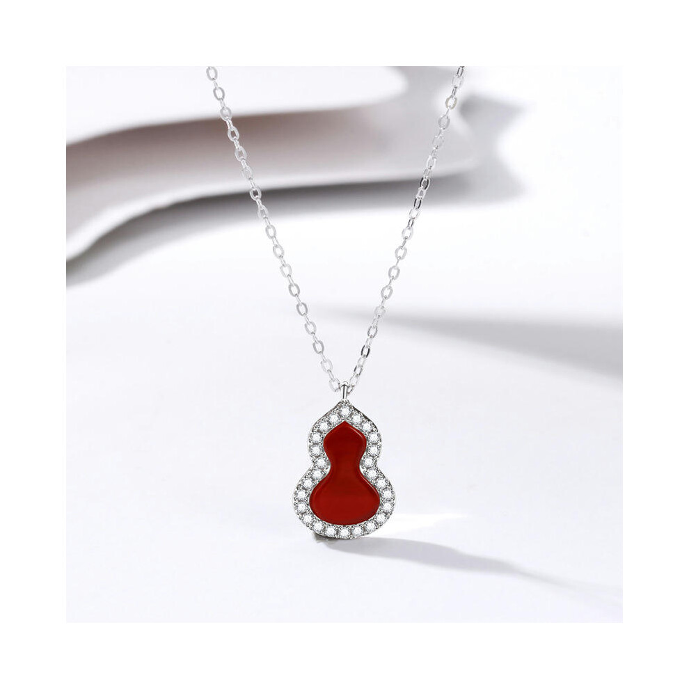 (Red agate (Platinum), 925 silver) S925 Sterling Silver Unicorn Gourd Necklace Female Red Agate White Pill -Fingery National Tide Pendant Niche Flora