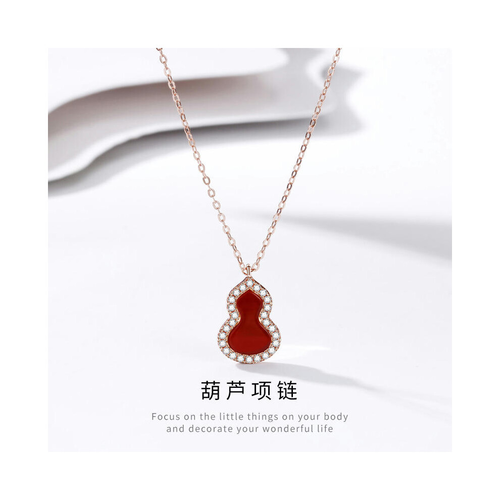 (Red agate (rose gold), 925 silver) S925 Sterling Silver Unicorn Gourd Necklace Female Red Agate White Pill -Fingery National Tide Pendant Niche Flora