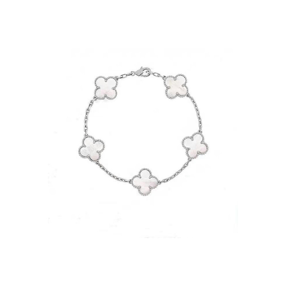 (White Frital+Platinum) V Golden Family Four Leaf Grass Bracelet Women's Version 18K Rose Gold Flower Both Flower Natural Black And White Frital Red Chalsced
