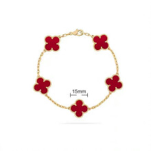 (Red chalcedony+gold) V Golden Family Four Leaf Grass Bracelet Women's Version 18K Rose Gold Flower Both Flower Natural Black And White Frital Red Chalsced
