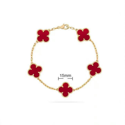 (Red chalcedony+gold) V Golden Family Four Leaf Grass Bracelet Women's Version 18K Rose Gold Flower Both Flower Natural Black And White Frital Red Chalsced