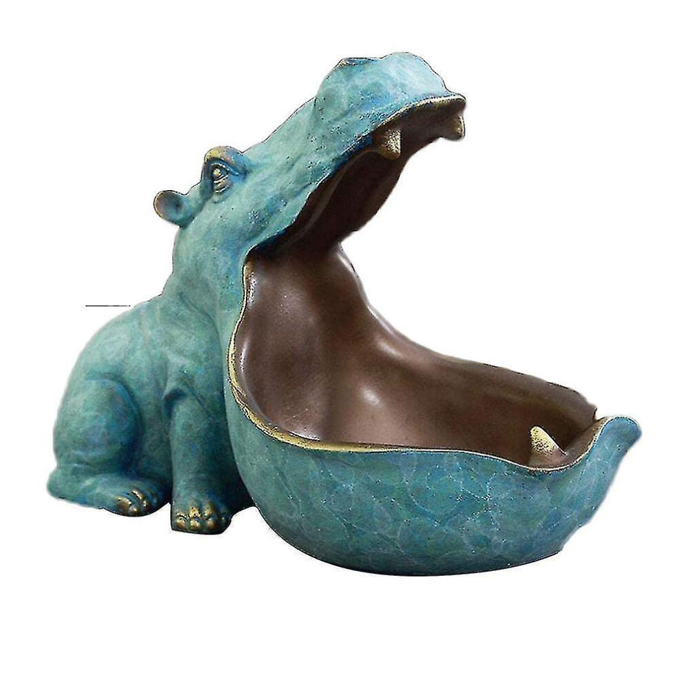 (Blue) Big Mouth Hippo Storage Figurine Key Bowl Resin Hippo Candy Dish Home Decor Blue