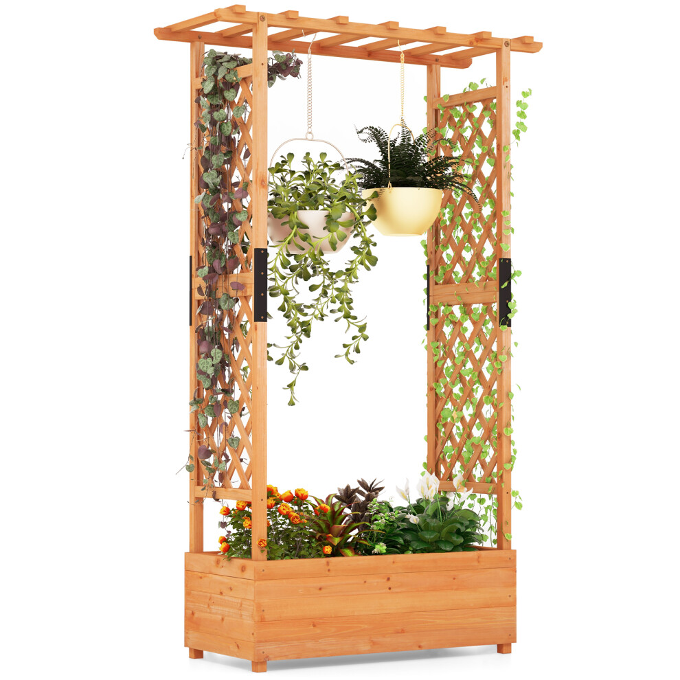 Raised Garden Bed 180 cm Wooden Planter Box w/ 2 Trellis &Hanging Roof
