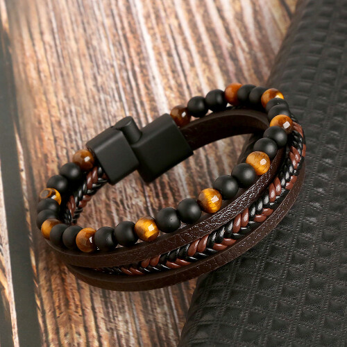 Men's Natural Obsidian Woven Bracelet - Handmade Geometric Design, 19/21/23 cm, Black/Coffee/Blue/Snow Stone, Zinc Alloy Clasp