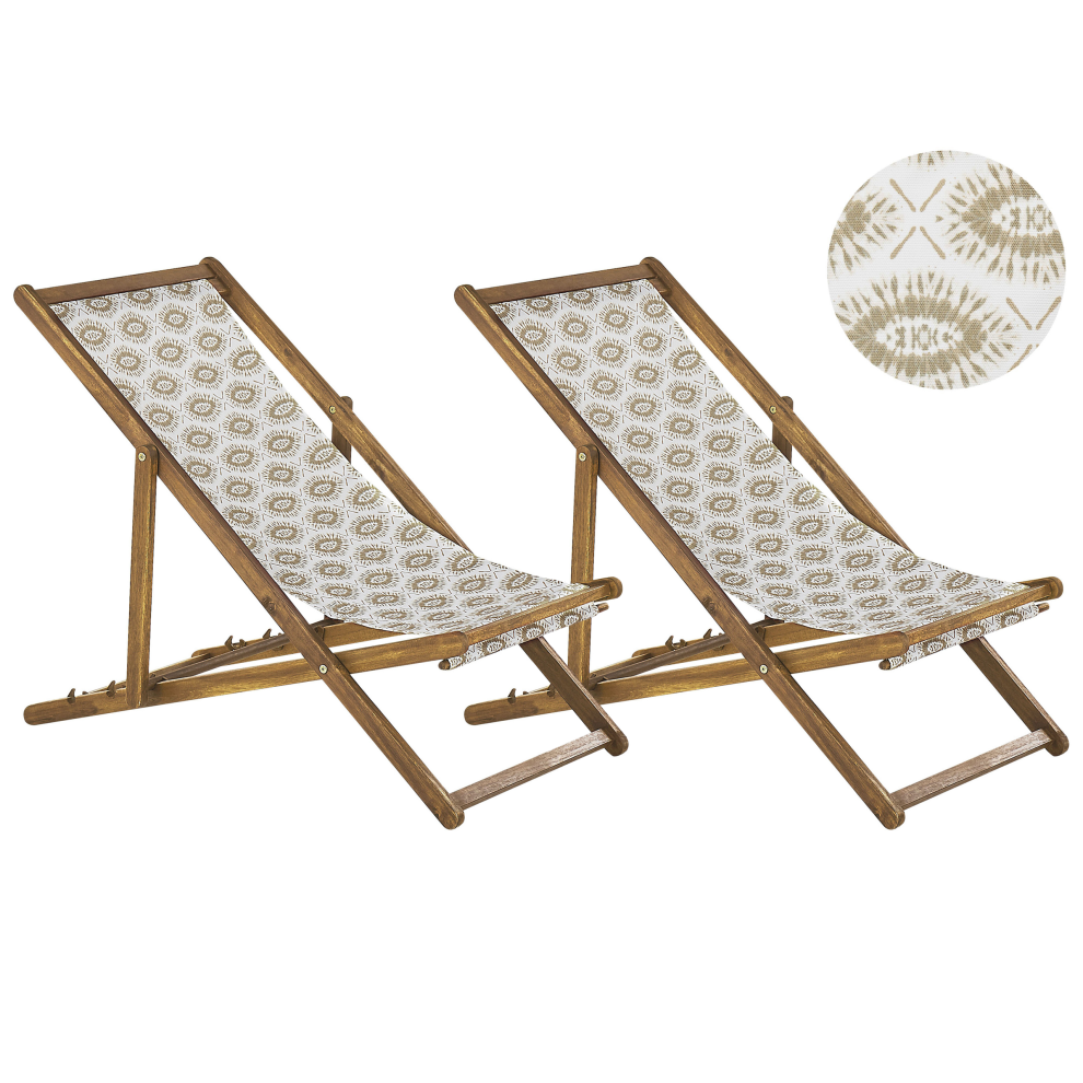 Set of 2 Folding Deck Chairs ANZIO with Replacement Fabrics Abstract Motif Acacia Wood Light Brown