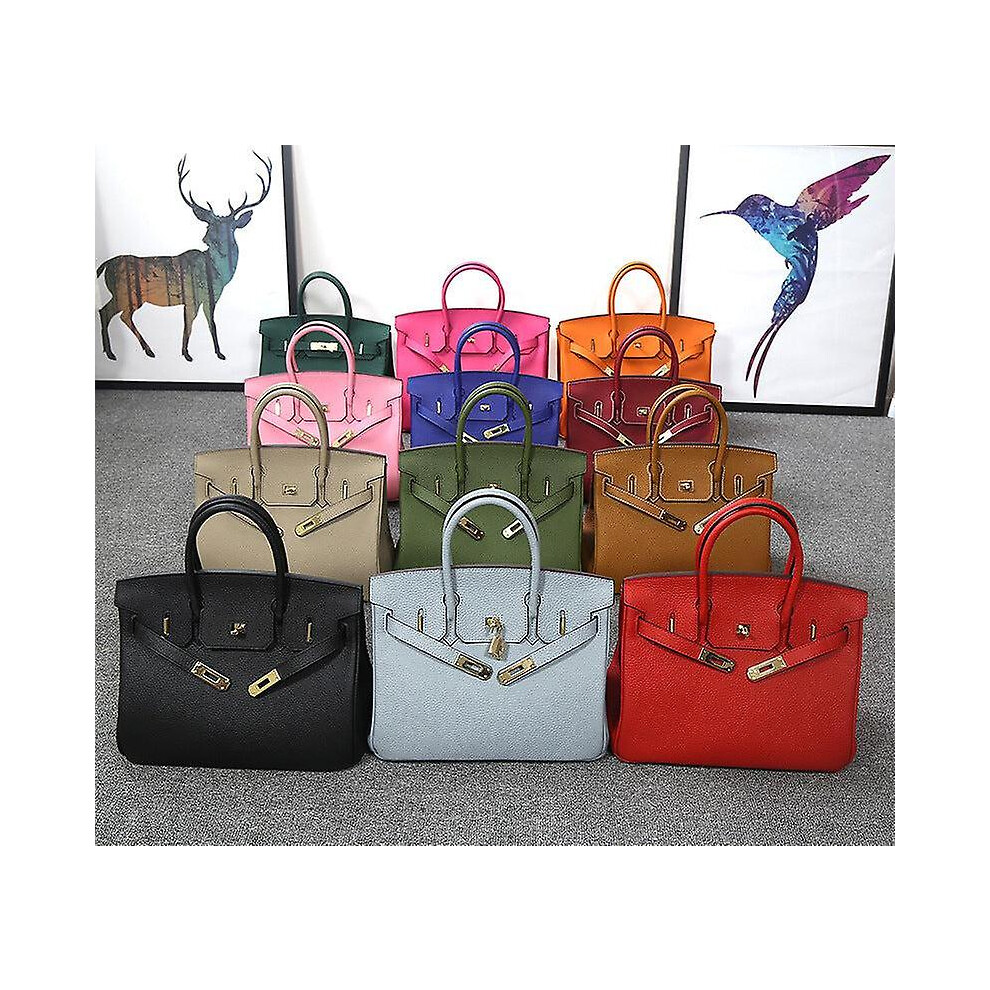(25CM small size orange) Women girl Handbag Fashion Litchi Pattern First Layer Cowhide Platinum Portable Crossbody Bag
