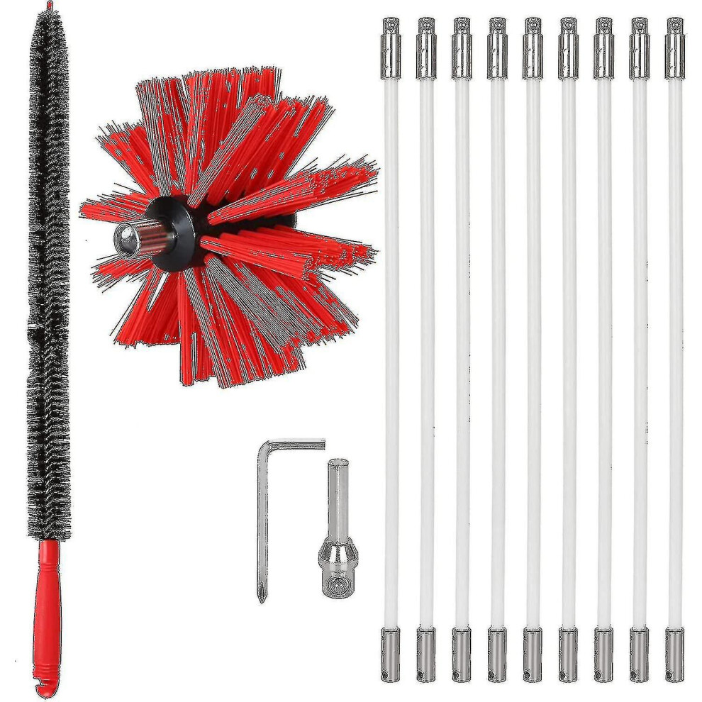 Professional Chimney Sweeping Kit - 3.6m Adjustable Nylon Cleaning Brush (100mm) With 9 Chimney Sweeping Rods - Pellet Stove And Duct Cleaning Kit