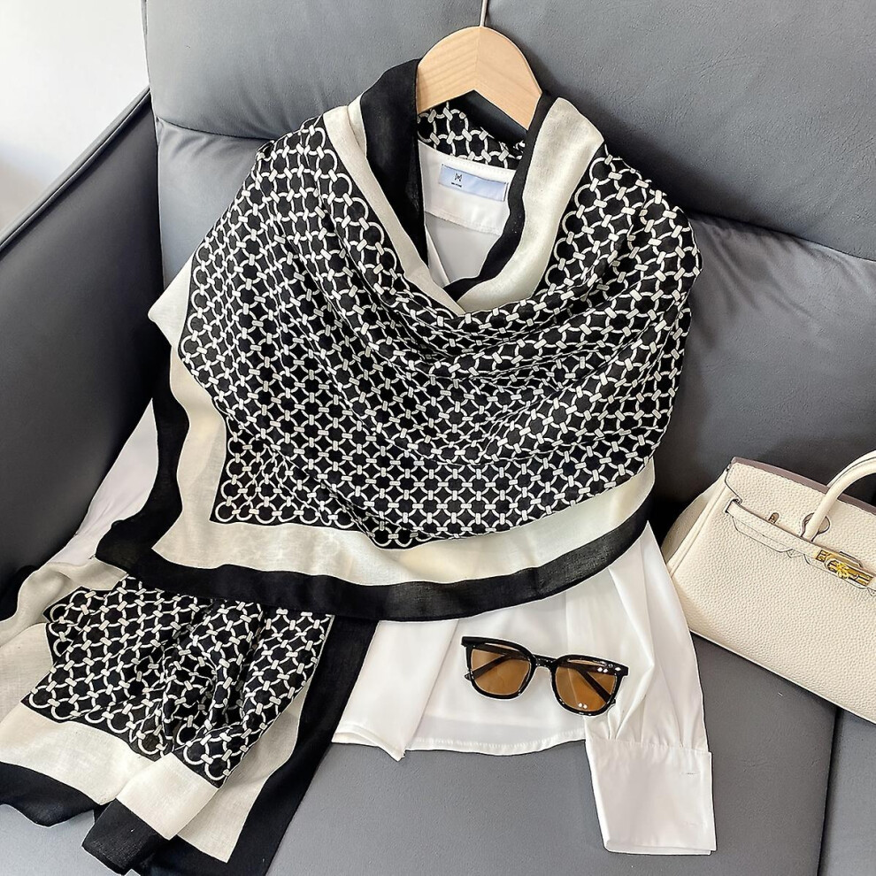 (Black) Classic Black White Pattern Scarf Vintage Warm Stretch Wrap Shawl Autumn Winter Coldproof Neck Protection Long Scarf Shawl