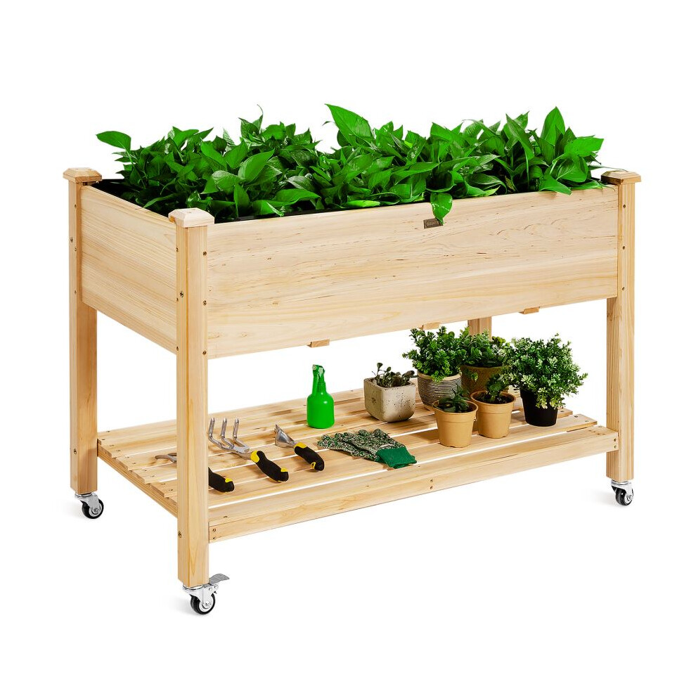 Rolling Raised Garden Bed, 120 cm Wooden Planter Box W/ Shelf & Liner