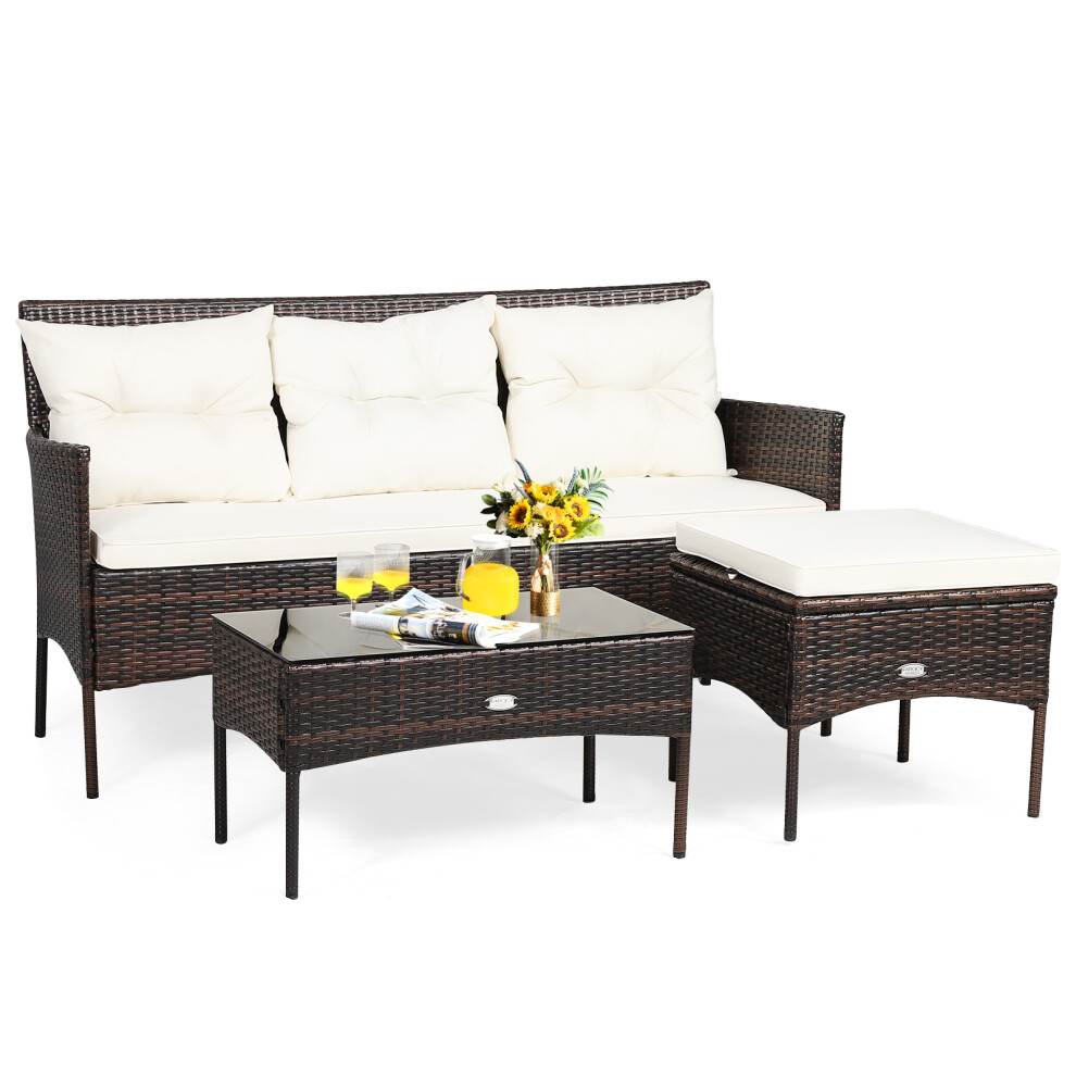 PE Rattan Garden Furniture Sets Set of 3 Glass Coffee Table W/ Cushion