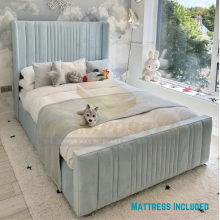 (6ft Super King (with Gaslift), Pink Plush) Wing Back Designer Panel Bed Frame 48"Headboard Plush Velvet with Mattress
