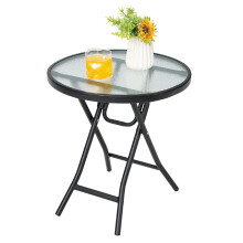 Folding 18-Inch Round Glass Top Side Table, 46 cm, Rustproof Steel Frame, 50 kg Capacity, Indoor/Outdoor, No Assembly