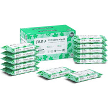 Pura Eco Friendly Baby Water Wipes 12 x 60 per pack, (720 Wet Wipes) 100% Plastic Free, 99% Water, Biodegradable, Compostable, Vegan Monthly Pack
