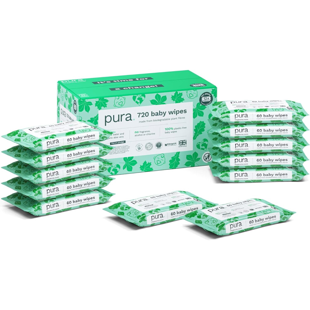 Pura Eco Friendly Baby Water Wipes 12 x 60 per pack, (720 Wet Wipes) 100% Plastic Free, 99% Water, Biodegradable, Compostable, Vegan Monthly Pack