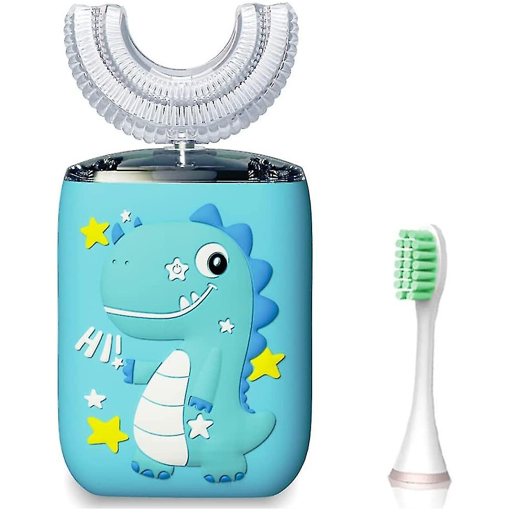 Blue Kids Electric Toothbrush U Shaped Dinosaur Ultrasonic Automatic Brush With Replacement Brush Head 6 Modes Ipx7 Waterproof Smart Timer (Blue)