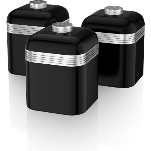 3 Black Canisters Tea Coffee Food Storage Jars Swan Kitchen Retro Set on OnBuy