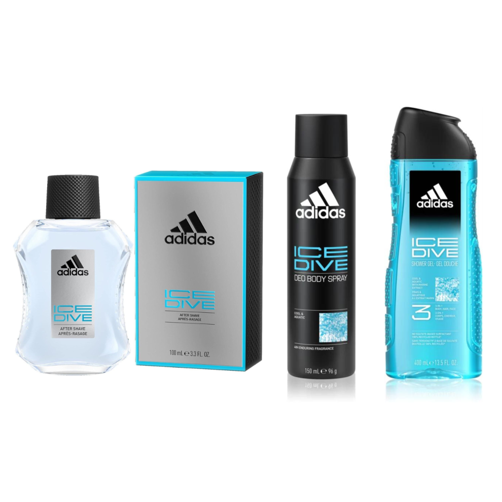 Adidas Ice Dive 3pc Set 400ml Shower Gel 100ml Aftershave 150ml Body Spray