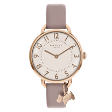 Radley Liverpool Street Ladies Dusty Rose Leather Strap Watch RY2544S - Rose Gold Case, Pale Rose Gold Dial, Open Shoulder, Dog Charm, 3 ATM