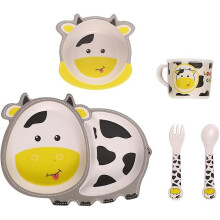 (the cow) Children's Cutlery Set Bamboo 5-piece Set With Plate Bowl Cup Fork Spoon (frog)