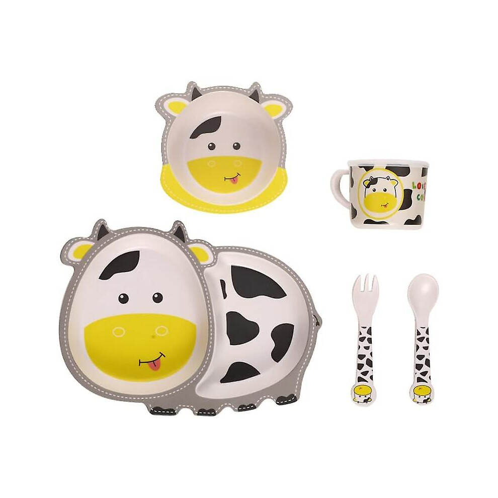 (the cow) Children's Cutlery Set Bamboo 5-piece Set With Plate Bowl Cup Fork Spoon (frog)