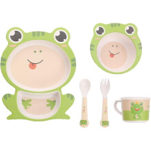 (frog) Children's Cutlery Set Bamboo 5-piece Set With Plate Bowl Cup Fork Spoon (frog)