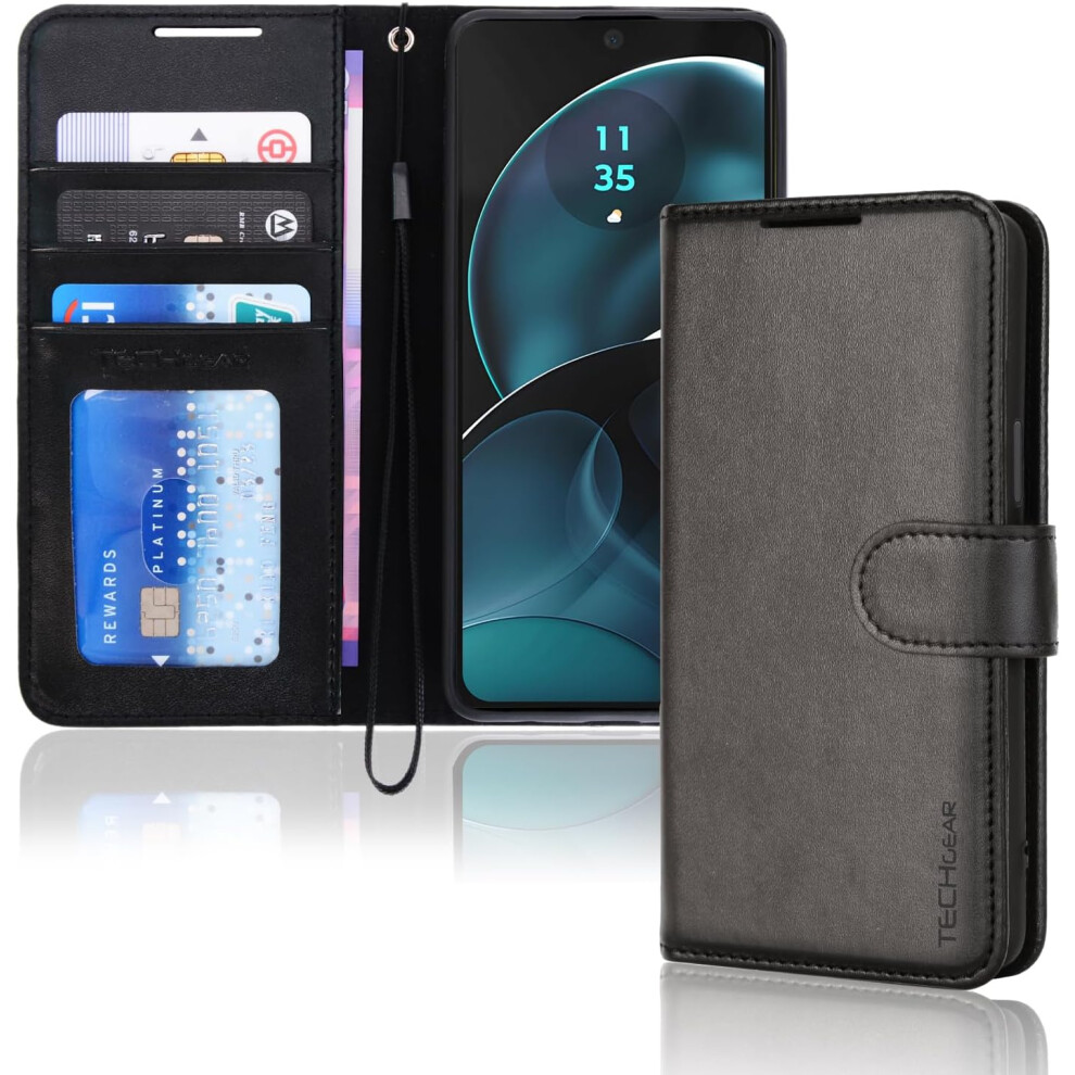 [Leather Wallet Case] Protective Cover with Cash & Card Holder, Stand and Wrist Strap For Motorola Moto G14