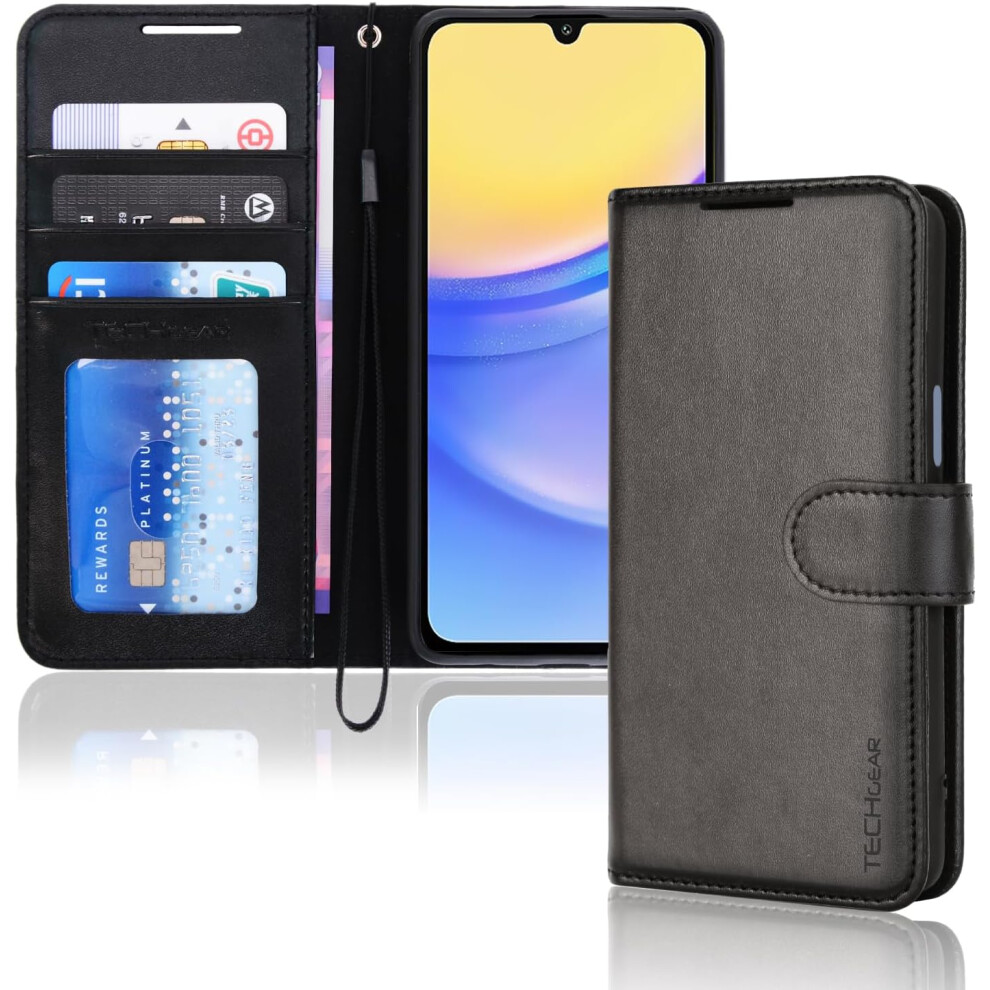 [Leather Wallet Case] Protective Cover with Cash & Card Holder, Stand and Wrist Strap For Samsung Galaxy A15 5g