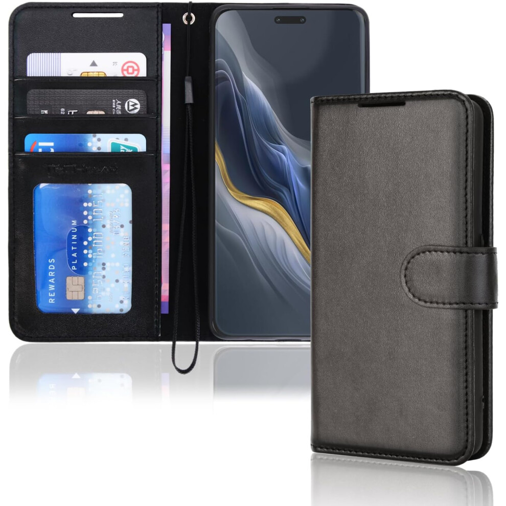 [Leather Wallet Case] Protective Cover with Cash & Card Holder, Stand and Wrist Strap [RFID BLOCKING] For Honor Magic 6 Pro 5G