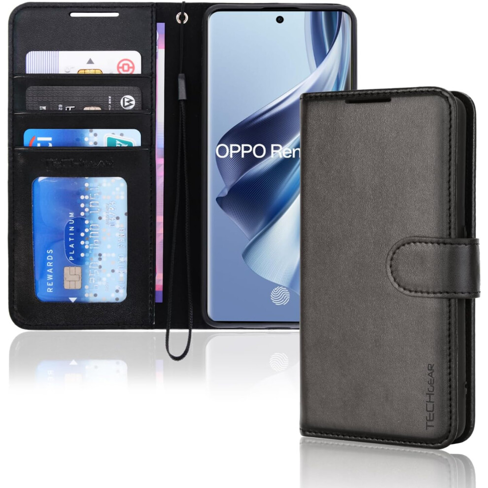 Techgear [Leather Wallet Case] Protective Cover With Cash & Card Holder, Stand And Wrist Strap For Oppo Reno 10 5G