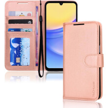 [Leather Wallet Case] Protective Cover with Cash & Card Holder, Stand and Wrist Strap For Samsung Galaxy A15 5g
