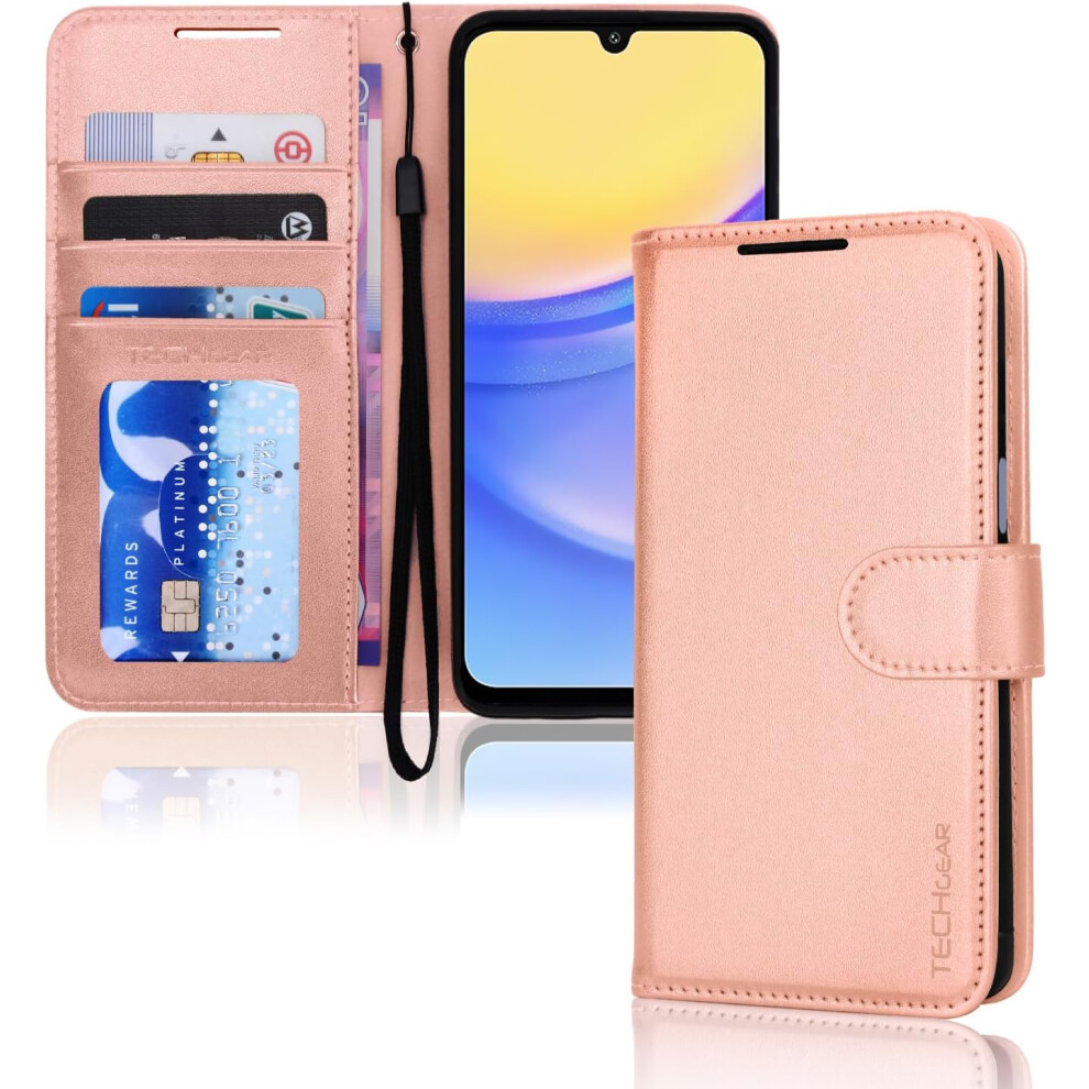 Techgear [Leather Wallet Case] Protective Cover With Cash & Card Holder, Stand And Wrist Strap For Samsung Galaxy A15 5G