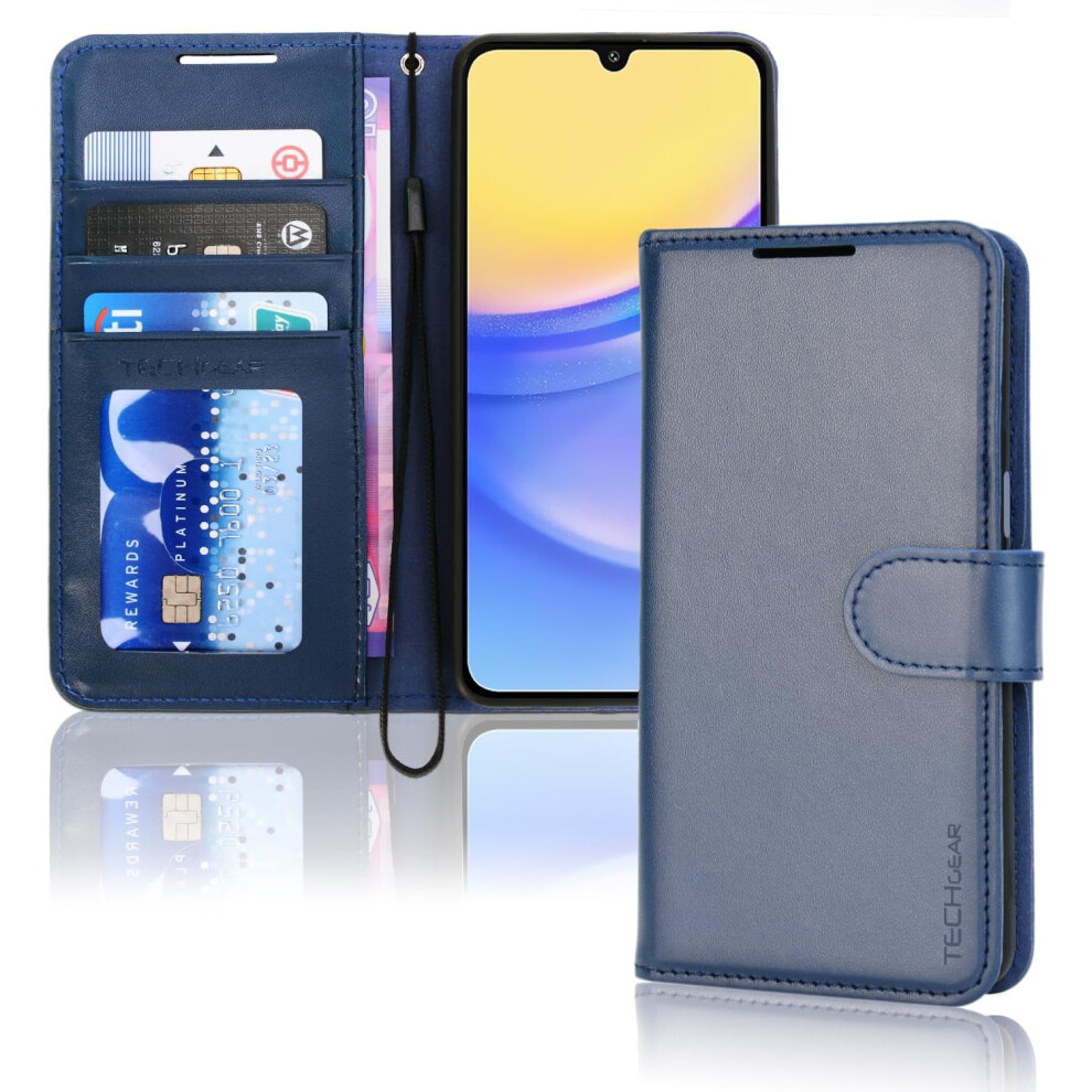 [Leather Wallet Case] Protective Cover with Cash & Card Holder, Stand and Wrist Strap For Samsung Galaxy A15 5g