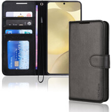 Protective Leather Wallet Case for Samsung Galaxy S24 5G - PU Leather, 3 Card Slots + Cash Pocket, Kickstand, Wrist Strap, Wireless Charging