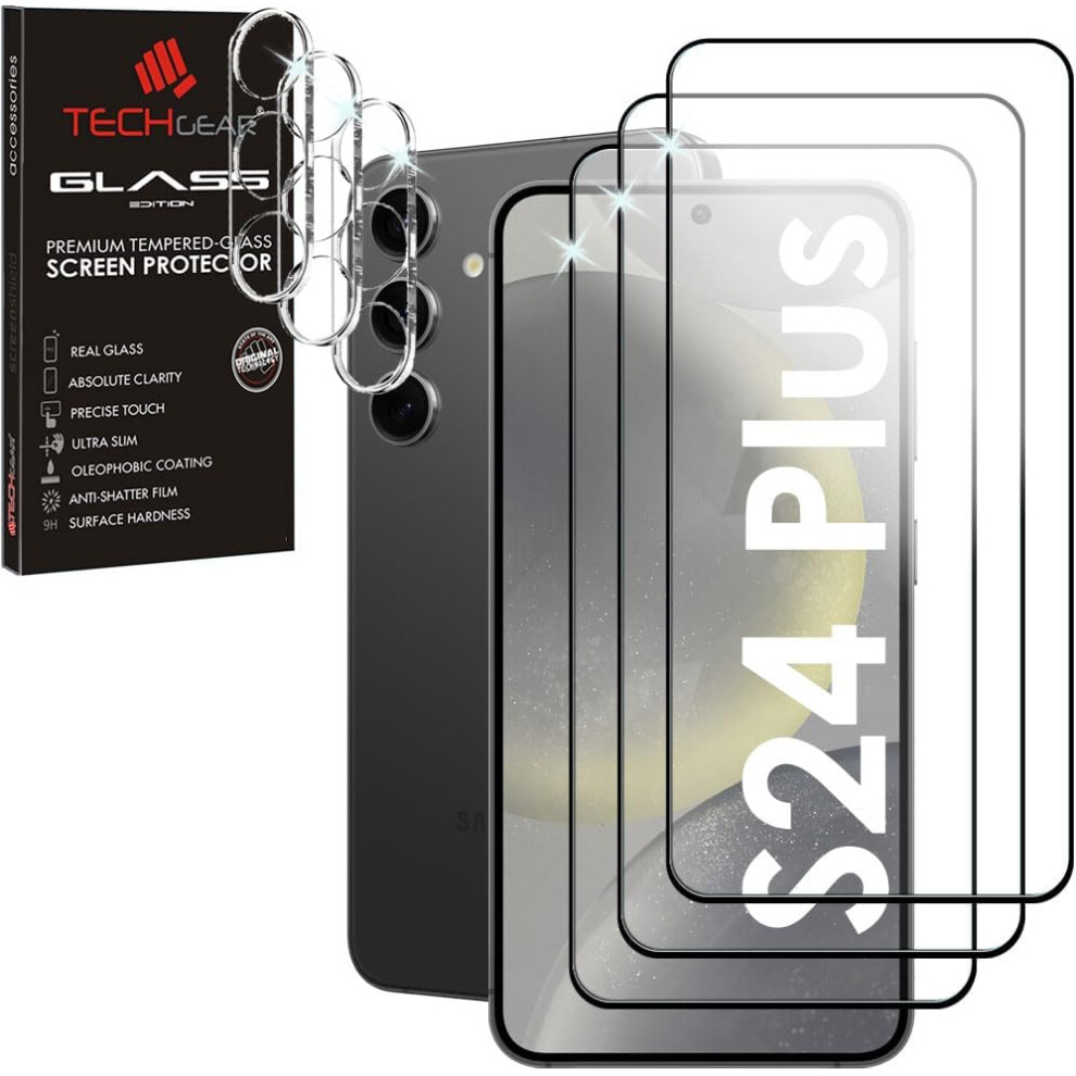 Techgear 3 + 3 Screen Protectors For Samsung Galaxy S24 Plus With Camera Lens, Full Tempered Glass Screen & Lens Cover Protectors, 9H, Bubble Free